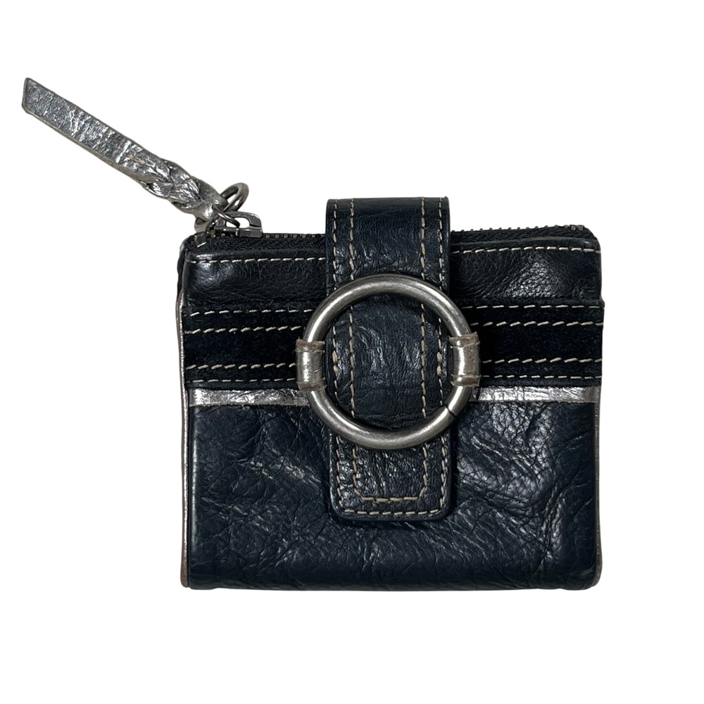Fossil Bifold Wallet Womens OS Black Leather Ring Buckle Zip Pocket Y2K Boho